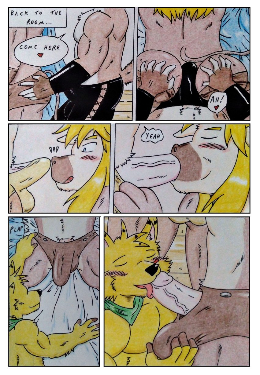 absurd_res anthro aroused aroused_male ass ball_grab balls bed bedroom_eyes big_butt black_bracelet black_clothing black_nose blizzard_entertainment blonde_hair blue_cape blue_clothing blue_eyes blush blush_lines bottomwear bovid bovine bovine_ears bovine_tail bracelet brown_body brown_clothing brown_fur brown_underwear bubble_butt bulge butt_grab butt_rubbing canid canine canis cape closed_eyes clothed clothing comic comic_panel dashfox dashthefox dialogue ebro english_text erection erection_under_clothing fellatio fill_(furryratchet) fox fur furniture genitals hair hand_on_butt heart_symbol hi_res holding_butt jewelry kerchief licking male mammal multicolored_body multicolored_fur muscular muscular_anthro muscular_male narrowed_eyes neckerchief neckwear on_bed oral pecs penile penis penis_lick pink_penis rodent rubbing sciurid seductive sex speech_bubble tail tauren tenting text thick_penis throbbing throbbing_bulge tongue topless topless_anthro topless_male traditional_media_(artwork) tree_squirrel underwear vein veiny_penis warcraft yellow_body yellow_fur