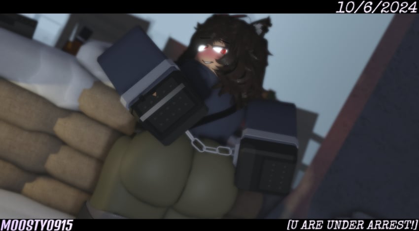 1girls 2024 3d arms_behind_back ass big_ass black_boots black_gloves blue_jacket blue_sleeves blush boots brown_hair cat_ears catgirl clothed clothed_female dated decaying_winter discord_tag english_text eyebrows_visible_through_hair female female_only fully_clothed fully_clothed_female gloves green_pants handcuffs jacket kemonomimi letterbox letterboxed long_sleeves looking_at_viewer looking_back moosty outdoors pale-skinned_female pale_skin pants red_eyes roblox roblox_game robloxian sandbag short_hair sleeves smile snow solo standing text thick_thighs thighs zeta_(popsiclethekat)