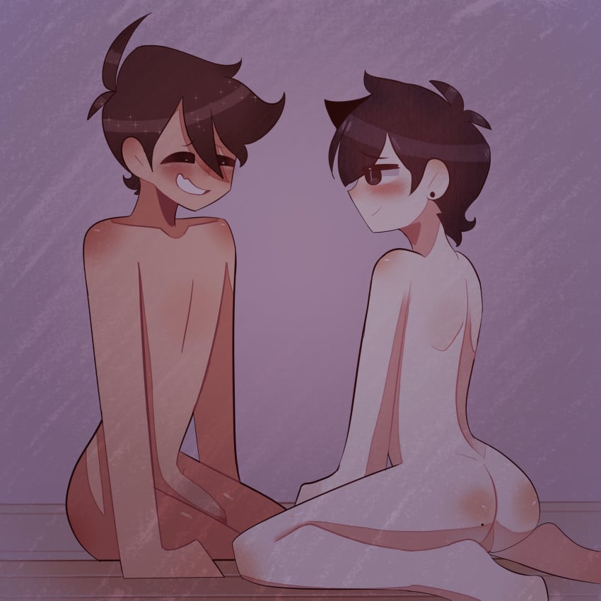 2boys 2femboys ass black_hair blush brown_hair eyeinfectiion_ femboy girly_boy hero_(omori) male male/male male_only nude omori penis shy sunny_(omori) twink