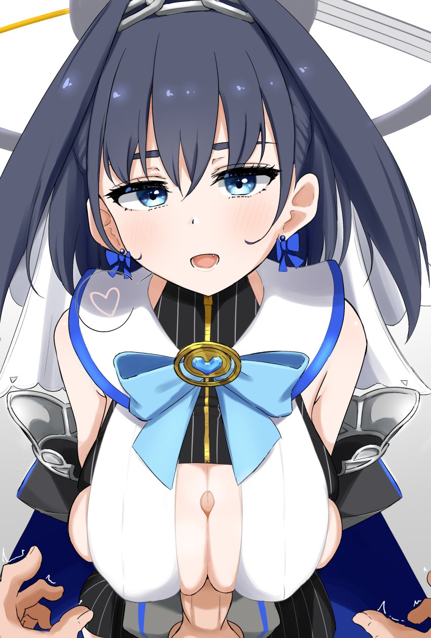 1boy absurdres black_tube_top blue_bow blue_hair bow bow_earrings breasts donutman earrings female halo heart highres hololive hololive_english hololive_english_-council- hololive_english_-promise- jewelry large_breasts looking_at_viewer male open_mouth ouro_kronii ouro_kronii_(1st_costume) paizuri penis shirt short_hair smile spoken_heart strapless tube_top virtual_youtuber white_shirt