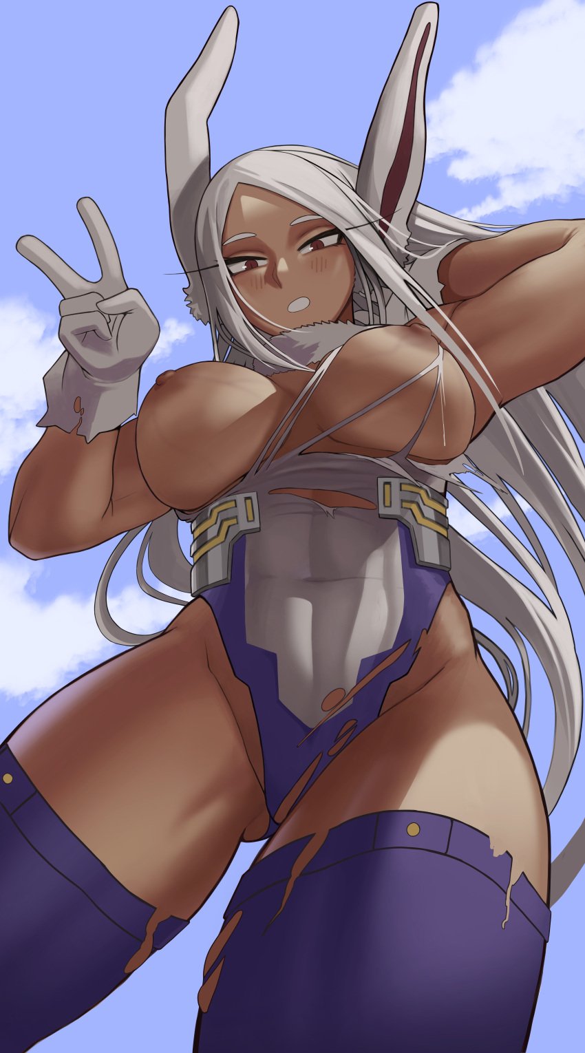 1girls athletic_female big_breasts breasts breasts_out dark-skinned_female female fit_female gud0c kemonomimi large_breasts leotard mirko miruko muscular muscular_female my_hero_academia rumi_usagiyama superheroine thighhighs torn_clothes torn_leotard variant_set wide_hips