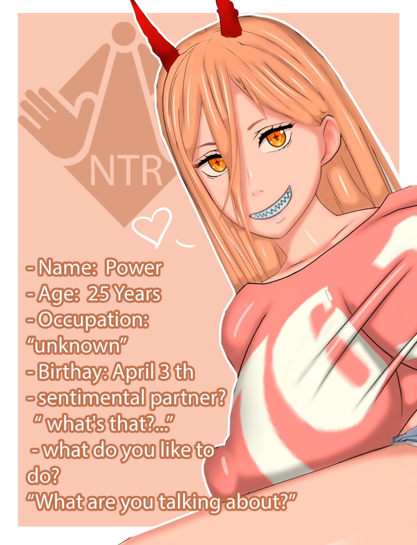 1girls absurd_res absurdres big_breasts blonde_hair breasts chainsaw_man character_sheet dark-skinned_male dark_skin dialogue english_text erect_nipples erect_nipples_under_clothes female hi_res high_resolution highres horns looking_at_viewer netorare nipples ntr orange_eyes power_(chainsaw_man) sharp_teeth smile spread_legs symbol-shaped_pupils teeth text thick_thighs vyrus_smith