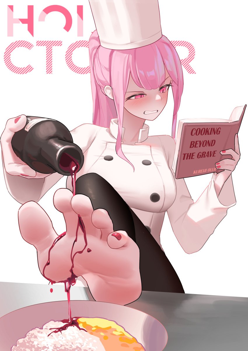 1girls alcohol barefoot blush book bottle chef_hat clenched_teeth feet female female_only foot_fetish hat hololive hololive_english hololive_myth mori_calliope pink_eyes pink_hair pompmaker1 ponytail reading red_wine soles toes virtual_youtuber wine wine_bottle