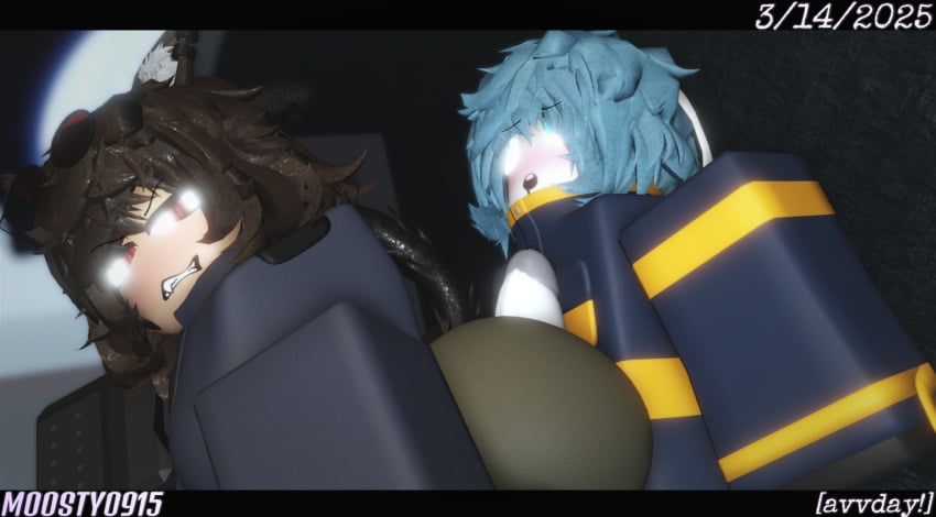 1boy 1girls 2025 3d angry_face ass big_ass big_penis black_gloves blue_clothing blue_eyes blue_hair blue_jacket blue_sleeves blue_topwear blush bottomless bottomless_male brown_hair bunny bunny_boy bunny_ears cat_ears cat_tail catgirl clothing dated decaying_winter discord_tag drool drooling duo english_text erection eyebrows_visible_through_hair fangs female gift_art glasses gloves green_pants half_naked jacket kemonomimi letterbox letterboxed long_sleeves male male/female moosty night open_mouth outdoors pale-skinned_female pale_skin pants penis penis_against_ass penis_out precum precum_drip red-tinted_eyewear red_eyes roblox roblox_game robloxian round_glasses sharp_teeth short_hair sleeves standing straight text white-skinned_male white_penis white_skin yellow_accents yellow_stripes zeta_(popsiclethekat)