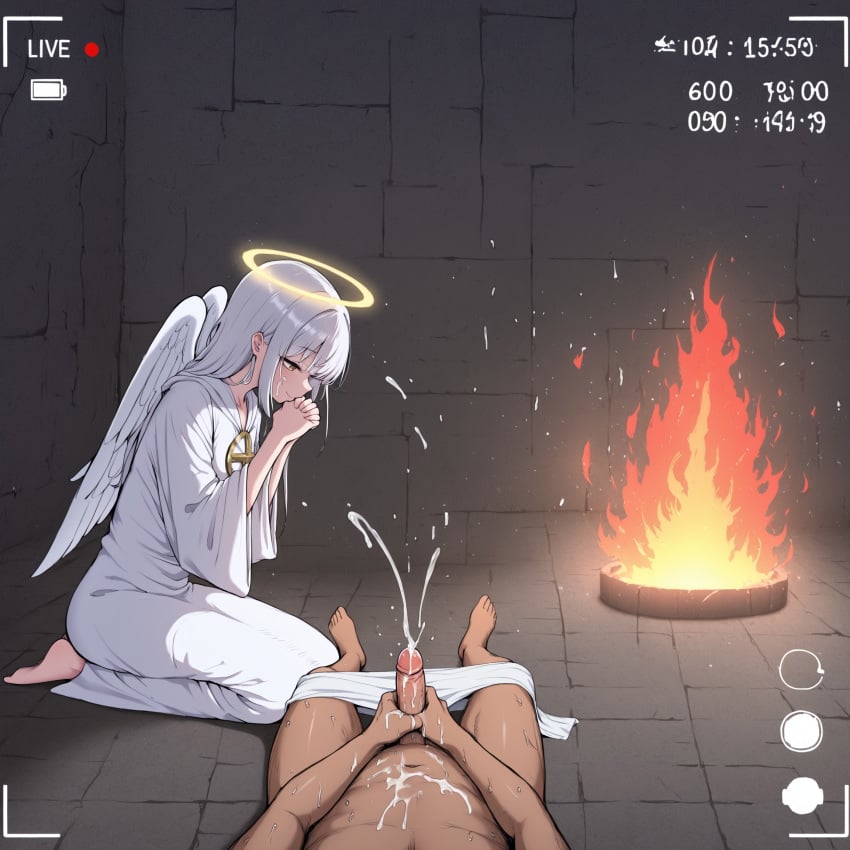 1boy 1girls ai_generated angel angel_girl angel_wings bon_fire campfire cum dark-skinned_male ejaculation female halo holy interracial kneeling laying_on_ground male masturbation on_knees pov prayer_hands praying robe self_upload tagme white_robe wings