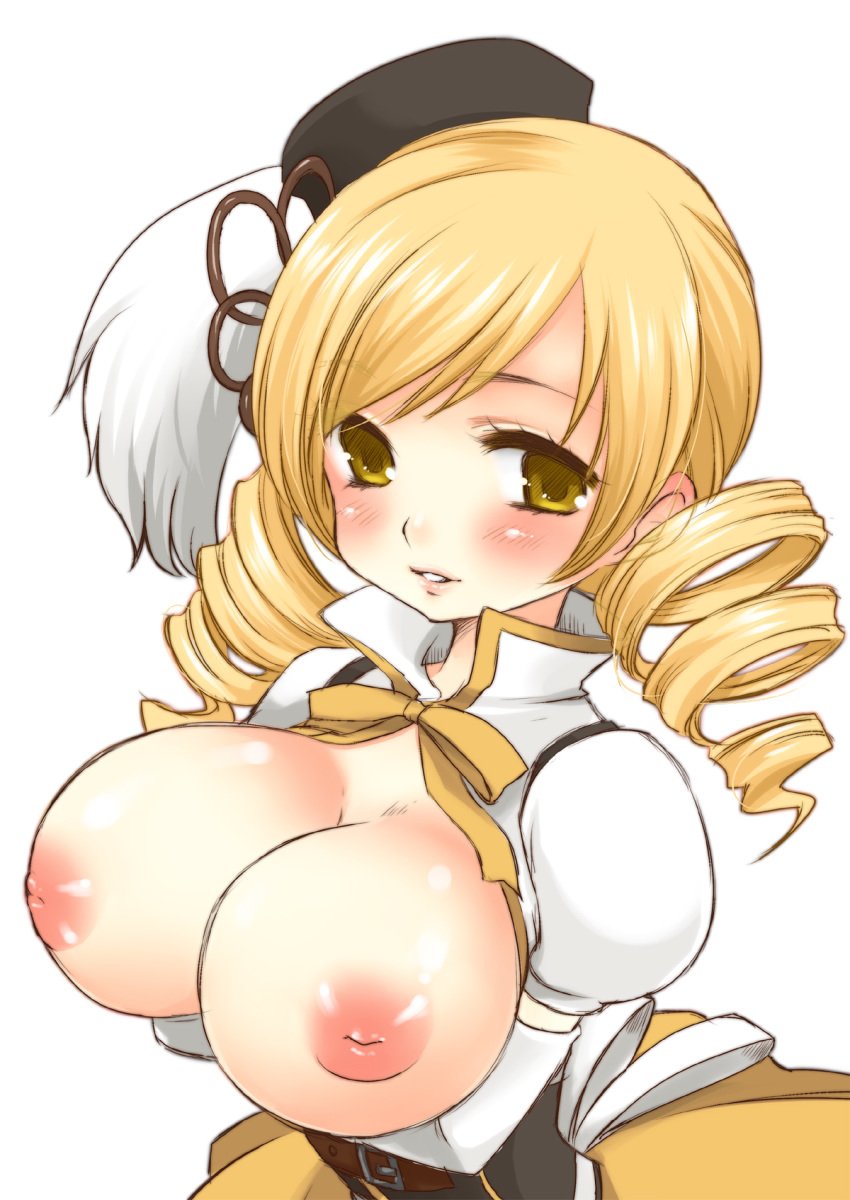 blush breasts highres ko_ru_ri large_breasts mahou_shoujo_madoka_magica nipples no_bra smile tomoe_mami