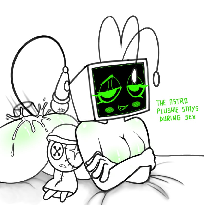 anon astro_(dandy's_world) big_ass big_breasts crossed_arms cum cum_in_pussy cum_inside cum_on_ass cum_on_body cumshot dandy's_world dandys_world green_eyes huge_breasts laying_down laying_on_bed looking_at_viewer pleasure pleasure_face pleasured plushie roblox screen_face stregaz173341 tail tv_head vee_(dandy's_world)
