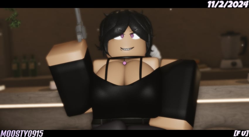 1girls 2024 3d ashley_graves belt big_breasts biting_lip black_belt black_clothing black_hair black_shirt black_shorts black_sleeves blush bra_strap breasts choker cleavage clothed clothed_female clothing dated discord_tag female female_only firearm fully_clothed fully_clothed_female gun indoors letterbox letterboxed long_sleeves looking_at_viewer moosty pale-skinned_female pale_skin pink_eyes ponytail revolver roblox robloxian sharp_teeth shirt short_ponytail shorts sitting sleeves smile solo the_coffin_of_andy_and_leyley weapon