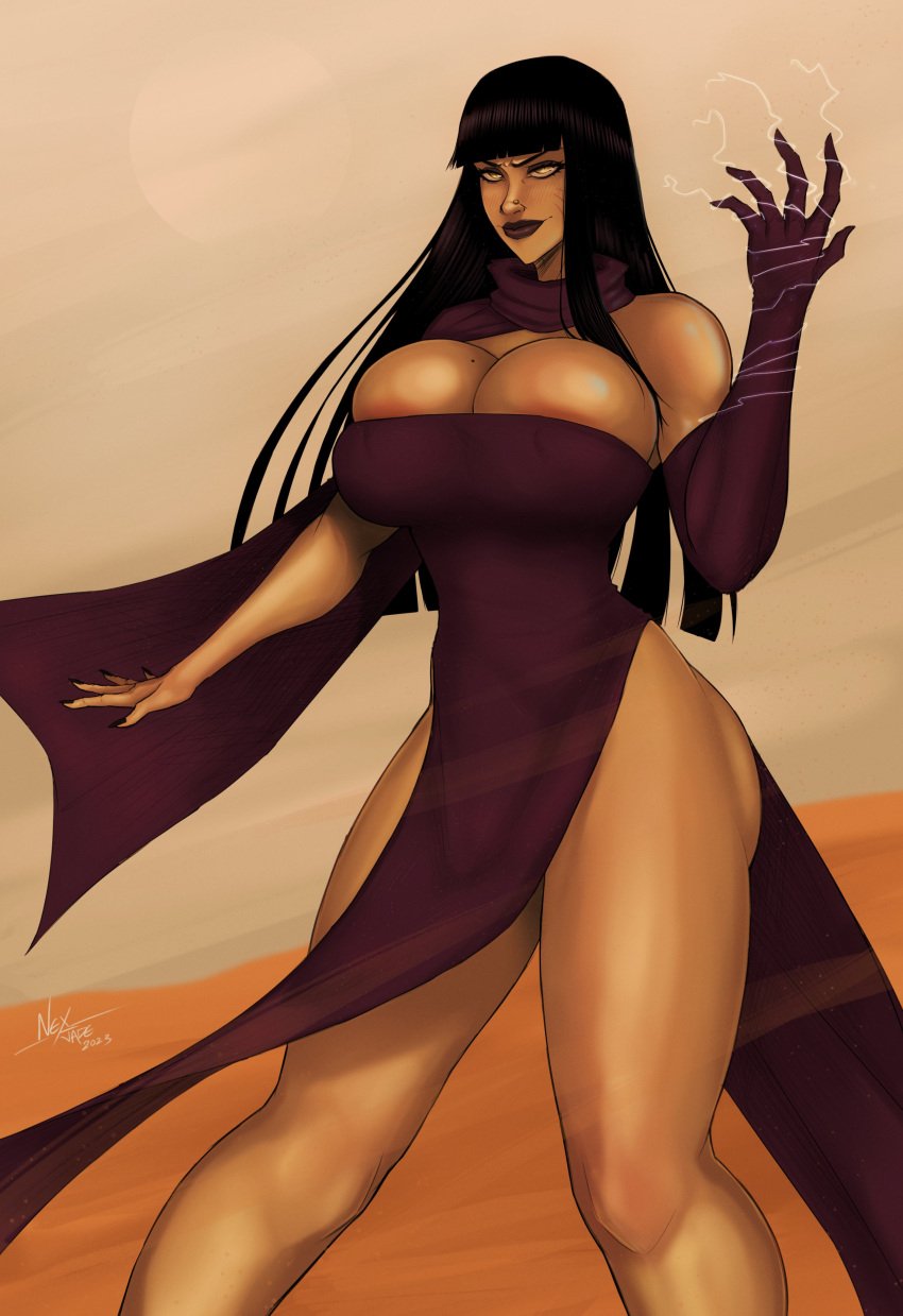 1girls 2023 big_breasts black_hair blunt_bangs cleavage desert dress egyptian female female_focus female_only hi_res high_resolution highres huge_breasts impossible_clothes impossible_dress large_breasts legend_of_queen_opala lipstick long_hair nexjade osira small_waist solo solo_female solo_focus standing thick_thighs wide_hips