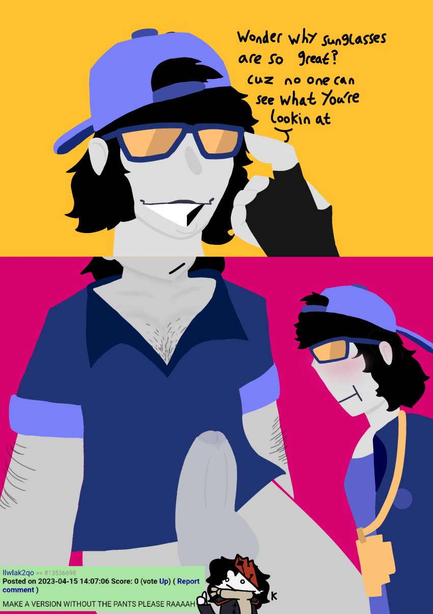 backwards_cap ballzz big_ol_pp bottomless chillin_(incredibox) feel_(incredibox) funny gay incredibox male_focus no_outlines polo_(incredibox) sunglasses toony