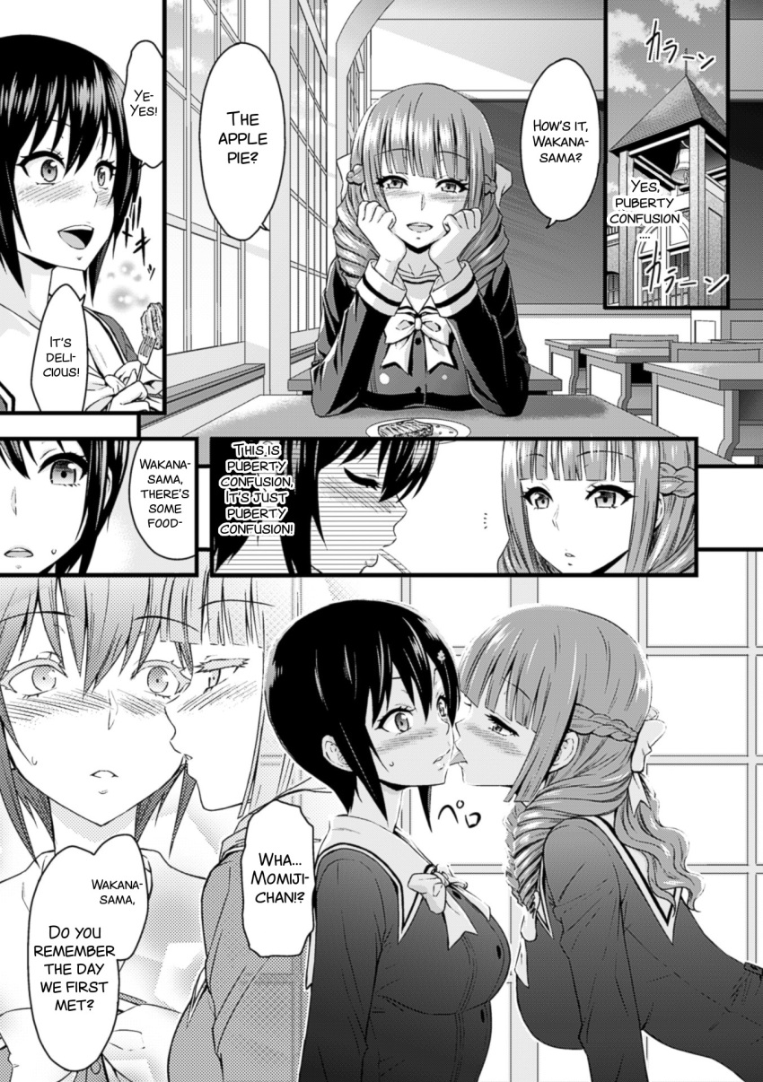 2girls doujinshi drill_hair eating female_fertilization female_only hairpin harem huge_breasts imminent_yuri large_breasts licking long_hair monochrome original_character purple_eyes purple_hair red_eyes red_hair ribbon school_uniform schoolgirl short_hair yamada_gogogo yuri