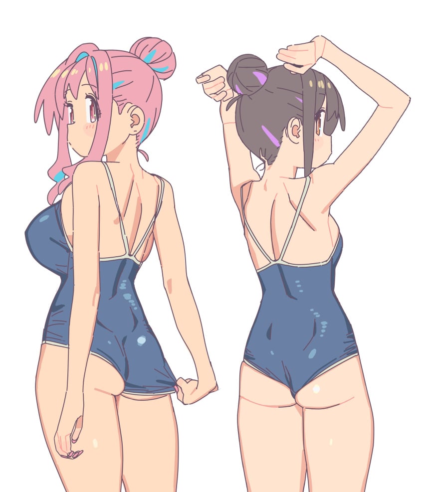 2girls absurdres arms_up ass blue_one-piece_swimsuit breasts brown_hair clothes_pull cowboy_shot female female_only hair_bun highres hozuki_kaede imamura_ryou looking_at_viewer looking_back medium_breasts multicolored_hair multiple_girls one-piece_swimsuit onii-chan_wa_oshimai! oyama_mihari pink_hair short_hair sidelocks simple_background small_breasts standing streaked_hair swimsuit white_background