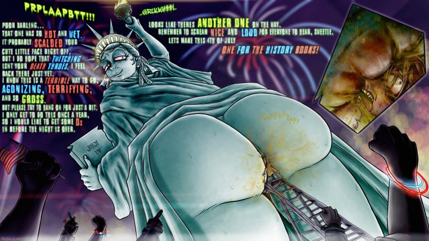 4th_of_july american_flag ass asshole dialogue domination face_on_ass fart fart_fetish fart_torture farting_in_face fireworks giantess hands_bound looking_back metallic_body mrbl4ckl1ght size_difference smoking statue_of_liberty text torture trapped