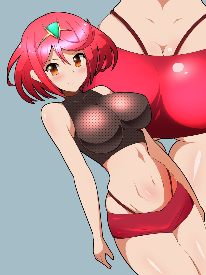 1girls ass black_crop_top breasts crop_top halubato highleg highleg_panties large_breasts looking_at_viewer midriff navel nintendo pyra red_eyes red_hair red_shorts short_hair short_shorts shorts thong tiara xenoblade_(series) xenoblade_chronicles_2