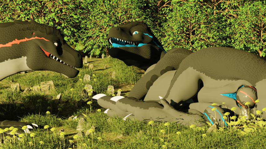 3d allosaurid allosaurus ass blazerwolfy blue_tongue bodily_fluids claws dandelion digital_media_(artwork) dinosaur duo egg egg_in_pussy egg_laying female feral flower genitals hi_res looking_at_another looking_at_partner lying male on_side open_mouth plant pussy rear_view reptile rock scalie shrub spread_legs spreading theropod toe_claws tongue ziina