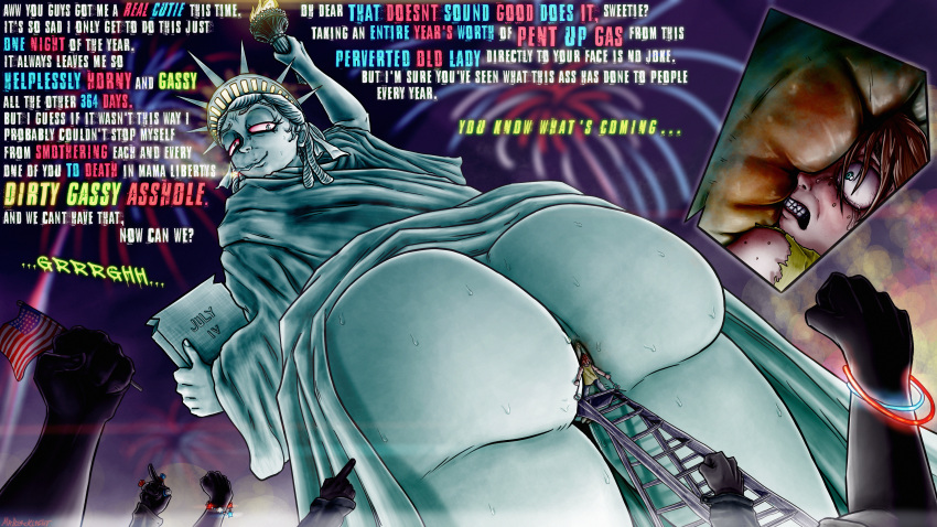 4th_of_july american_flag ass asshole dialogue face_on_ass farting farting_on_face fireworks giantess hands_bound imminent_fart looking_back metallic_body mrbl4ckl1ght size_difference smoking statue_of_liberty text trapped