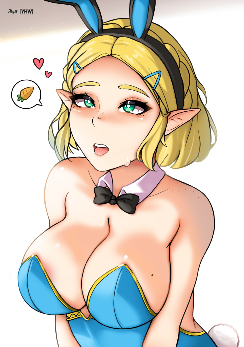 2023 alternate_version_available artist_name big_breasts blonde_hair blush bow_tie bunny_ears bunny_ears_headband bunny_tail bunnysuit carrot cleavage crown_braid green_eyes hair_clips mole_on_breast myst nintendo princess_zelda self_upload shirt_collar short_blonde_hair short_hair speech_bubble tears_of_the_kingdom the_legend_of_zelda yhw zelda_(tears_of_the_kingdom)