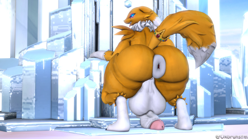 3d_(artwork) anthro anus ass balls bandai_namco big_balls big_butt clothing crown digimon digimon_(species) digital_media_(artwork) genitals gynomorph headgear hi_res intersex legwear looking_at_viewer ok_bruh puffy_anus renamon solo source_filmmaker thigh_highs warfare_machine