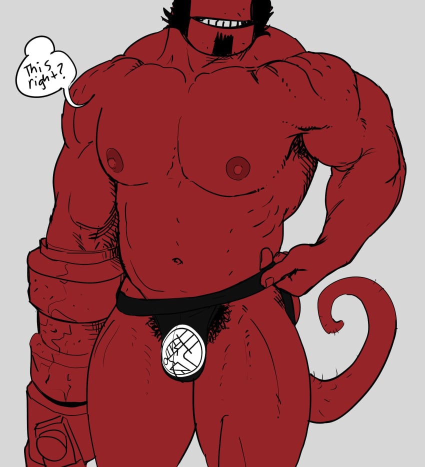 balls bara black_hair broken_horn bulge dark_horse demon facial_hair flaccid hellboy hellboy_(series) horns male male_only muscles muscular no_visible_genitalia penis red_body red_skin smagma solo solo_male speech_bubble tail