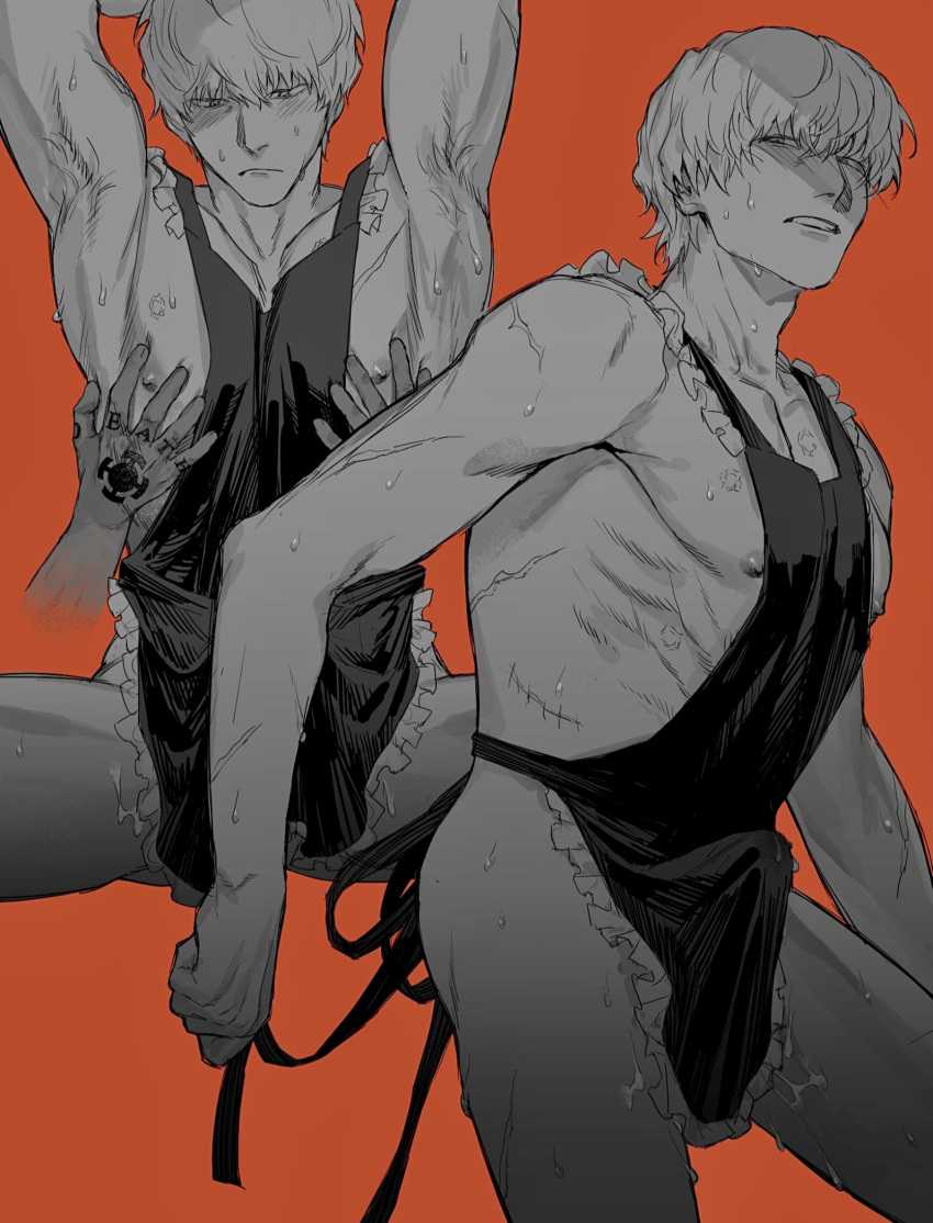 2boys apron armpit_hair arms_up blush bulge disembodied_hands donquixote_rosinante erection erection_under_clothes gay groping kanarigenkai male male_only multiple_scenes muscular muscular_male naked_apron one_piece orange_background pec_grasp restricted_palette scars solo_focus spread_legs sweat trafalgar_law yaoi