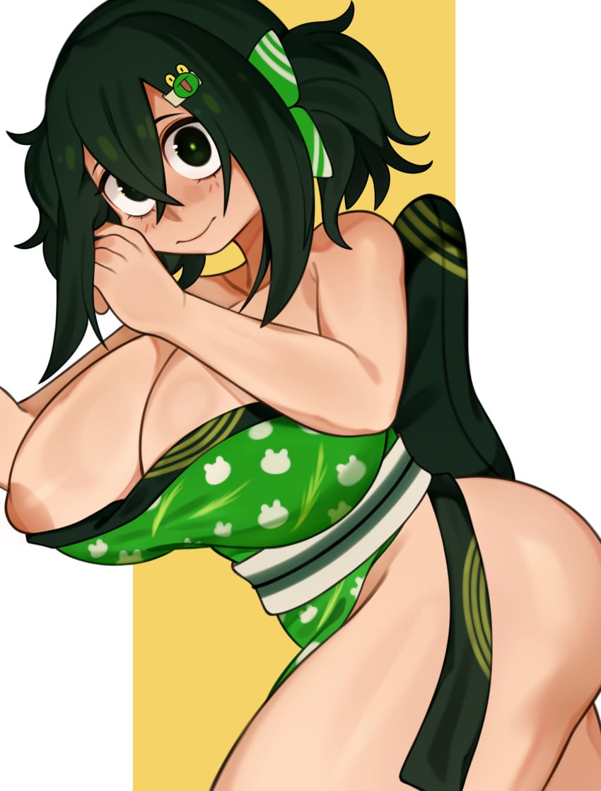 1girls big_breasts black_eyes embarrassed female female_only green_hair humanoid long_hair looking_at_viewer melonpuff my_hero_academia solo strip_game toony tsuyu_asui