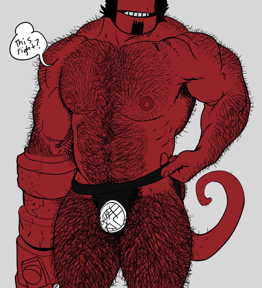 balls bara black_hair broken_horn bulge dark_horse demon facial_hair flaccid hairy hellboy hellboy_(series) horns male male_only muscles muscular no_visible_genitalia penis red_body red_skin smagma solo solo_male speech_bubble tail