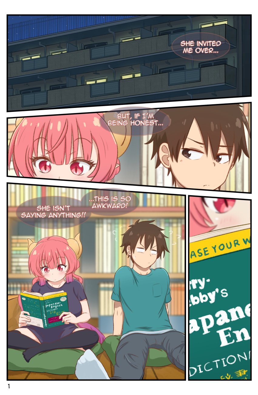 1boy 1girls annoyed annoyed_expression apartment apartment_building book bookshelf brown_hair brown_hair_male canon_couple comic_page comic_panels curled_horns cute dictionary dot_mouth dragon_girls eyes falling_in_love feigning_innocence female greatm8 hair height_difference holding_book holding_object horns ilulu_(dragon_maid) indoors jeans kobayashi-san_chi_no_maidragon large_breasts looking_at_another male matching_hair/eyes miss_kobayashi&#039;s_dragon_maid neoteny nervous night open_book panels pink_eyes pink_hair pink_hair_female poker_face raised_eyebrows reading round_eyes secretly_loves_it sharp_teeth shorter_female shy side_eye small_but_busty socks taketo_(dragon_maid) white_socks wide_eyed wooden_floor yellow_horns