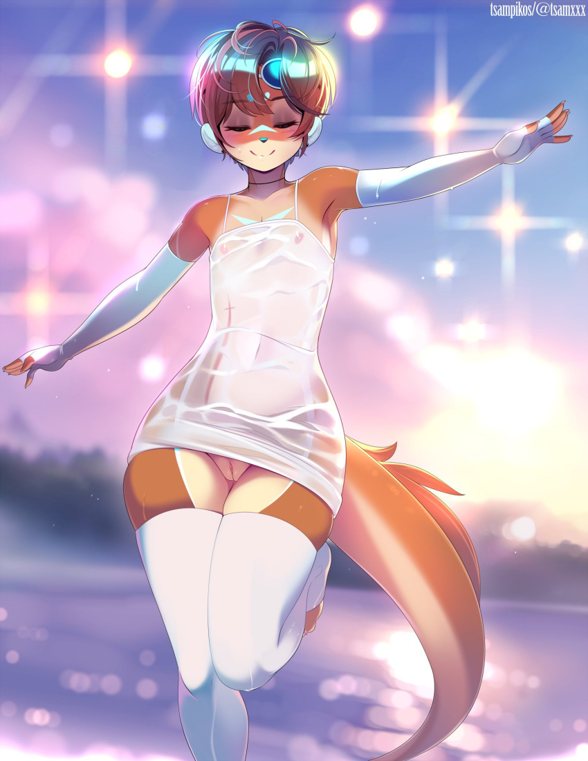 anthro background closed_eyes clothing dancing dress elbow_gloves face_markings female flat_chest furry genitals going_commando hi_res knee_highs long_tail mammal mikhaila mustelid no_panties original otter pussy pussy_lips scar short_hair smile solo tomboy tsampikos wet wet_body wet_clothing