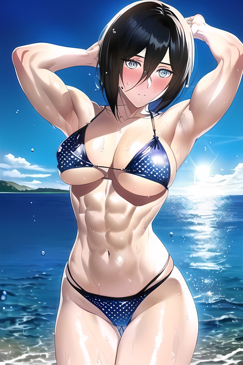 1girls abs ai_generated armpits arms_behind_head attack_on_titan bangs biceps bikini bikini_bottom bikini_top black_hair blush blush cleavage curvy curvy_body curvy_female curvy_figure dotted_bikini embarrassed embarrassed_female female female female_focus female_only grey_eyes large_breasts mikasa_ackerman muscular muscular_female nai_diffusion navel ocean shingeki_no_kyojin skinny small_waist stable_diffusion standing sweat thick_thighs thigh_gap underboob undersized_clothes water water_drop wet wet_body wet_hair wet_skin