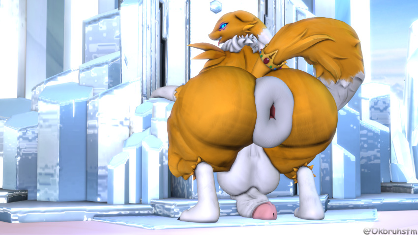 3d_(artwork) anthro anus ass balls bandai_namco big_balls big_butt clothing crown digimon digimon_(species) digital_media_(artwork) genitals gynomorph headgear hi_res huge_balls huge_butt intersex legwear looking_at_viewer ok_bruh puffy_anus renamon solo source_filmmaker thigh_highs warfare_machine