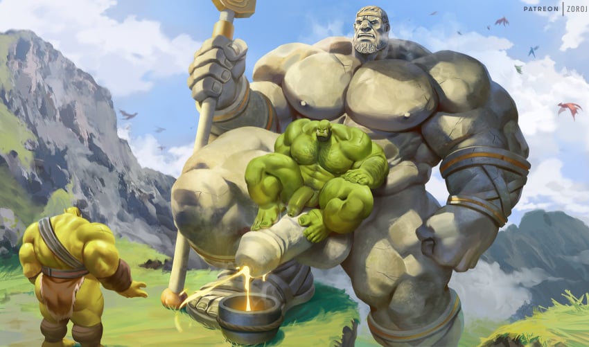 balls bara beard big_balls big_muscles big_pecs big_penis boner cum erection facial_hair footjob green_skin grey_body male male_only muscles muscular nude orc orgasm outside penis sitting_on_penis size_difference steamy_breath stone_skin unusual_cum watcher_koranos world_of_warcraft zoroj