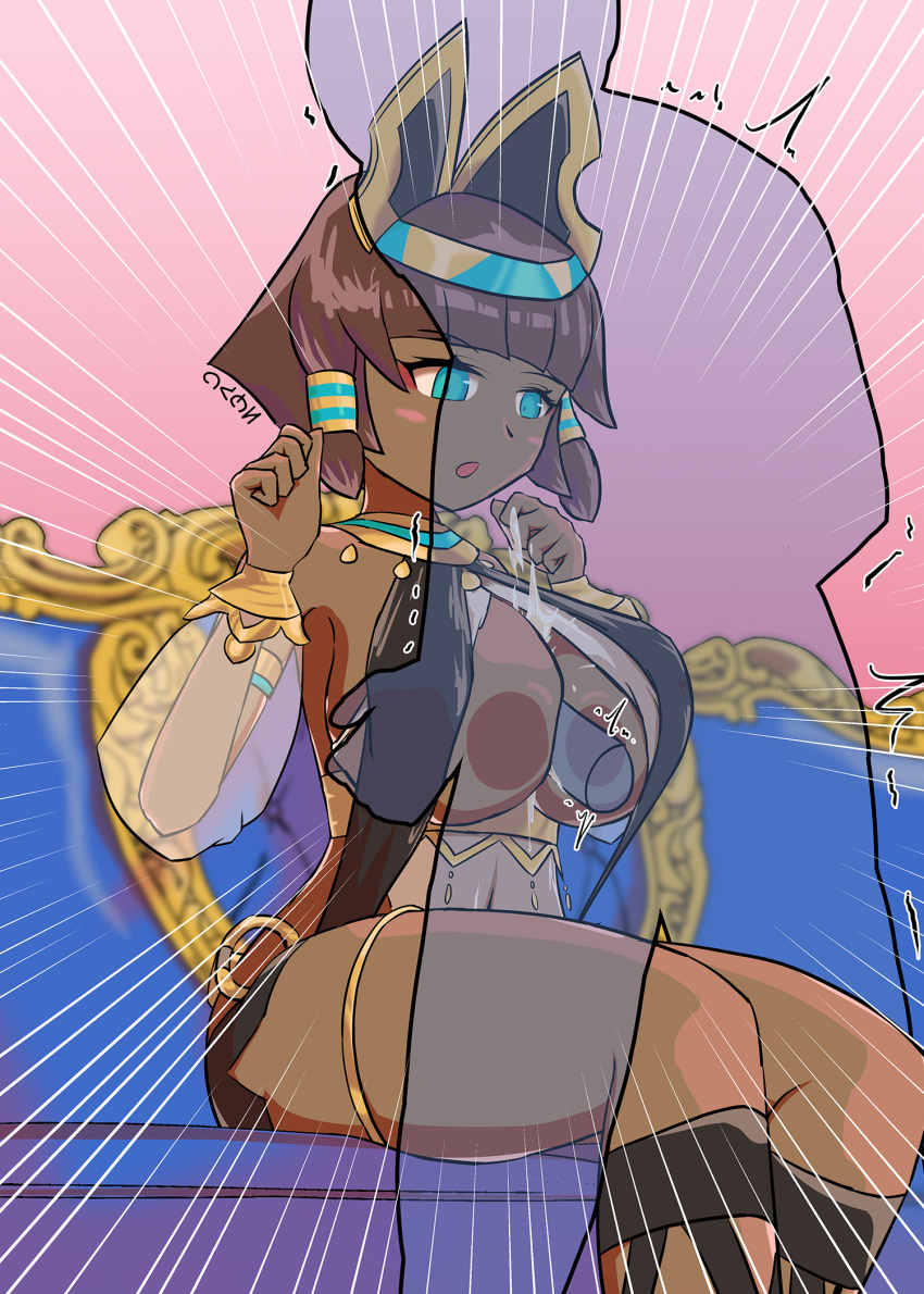 alternate_breast_size anon blunt_bangs bob_cut brown_hair c_o_d_a_(artist) clothed_female_nude_male cum cum_between_breasts cygames dark_skin dragalia_lost easy_access egyptian ejaculation gold_(metal) gold_jewelry green_eyes jewelry nefaria nintendo paizuri see-through_clothing surprised x-ray