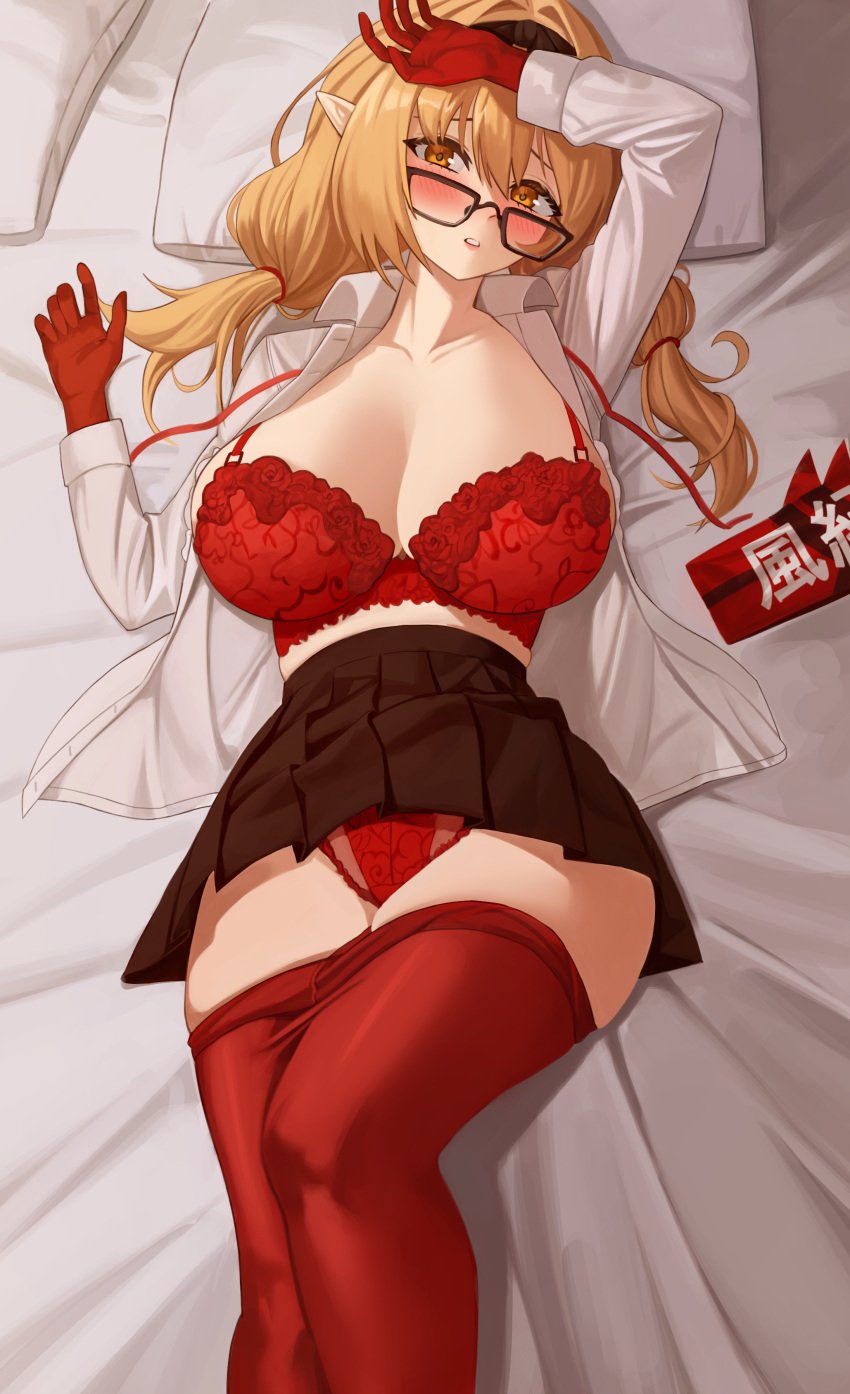 1girls bed_sheet big_breasts blonde_hair blue_archive blush bra chinatsu_(blue_archive) ddooooogkun_(d2og_kun) elf female female_only gehenna_academy_student glasses gloves laying_on_bed legwear light-skinned_female light_skin lingerie on_bed orange_eyes panties pillows pointy_ears prefect_team_(blue_archive) red_bra red_gloves red_legwear red_lingerie red_panties solo unbuttoned unbuttoned_shirt underwear white_bed_sheet white_pillows