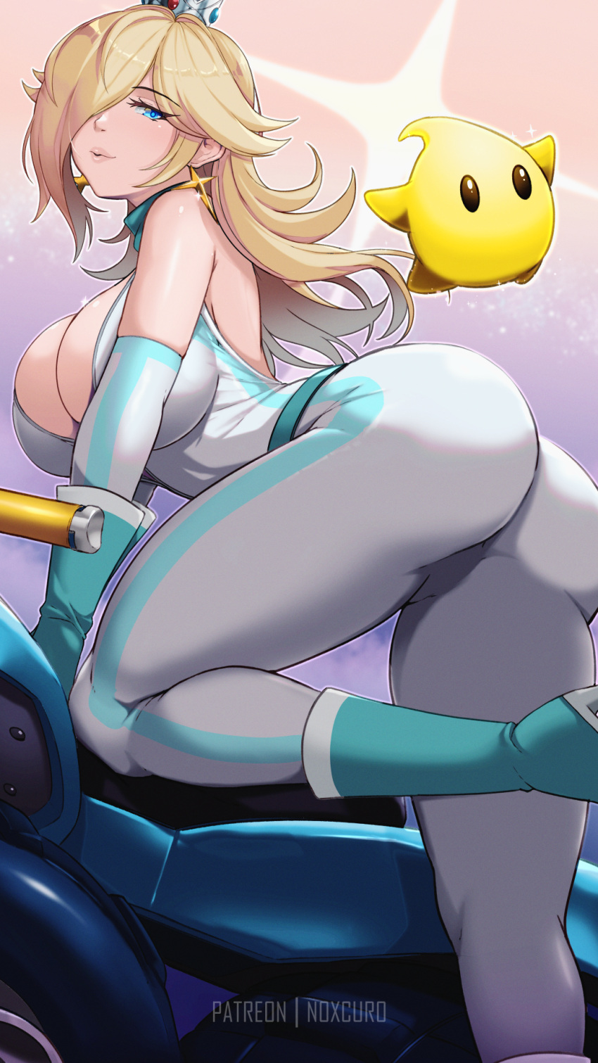 1girls ass blonde_hair blue_eyes bodysuit breasts female hair_over_one_eye hips huge_ass huge_breasts long_hair luma mario_(series) mario_kart motorcycle nintendo noxcuro princess_rosalina racing_suit thick_thighs thighs wide_hips