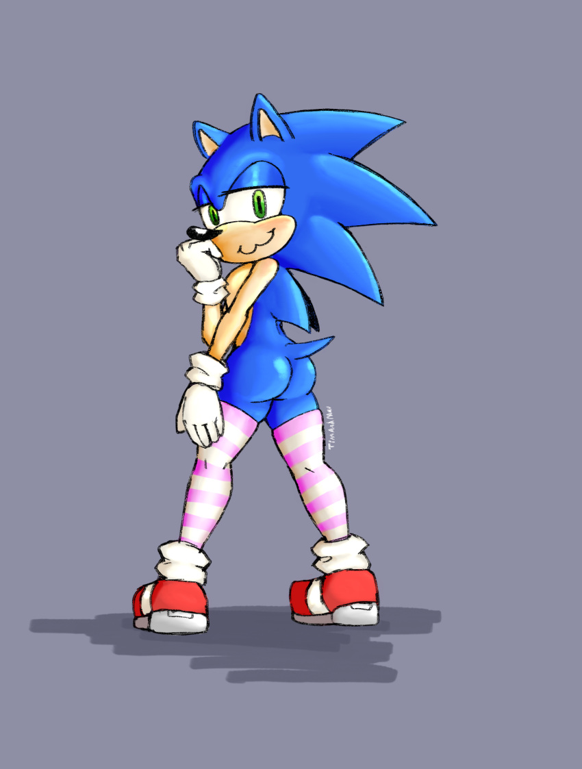 1boy :3 ass blue_hair eulipotyphlan femboy furry green_eyes looking_at_viewer male_only programming_socks sonic_(series) sonic_the_hedgehog sonic_the_hedgehog_(series) thighhighs