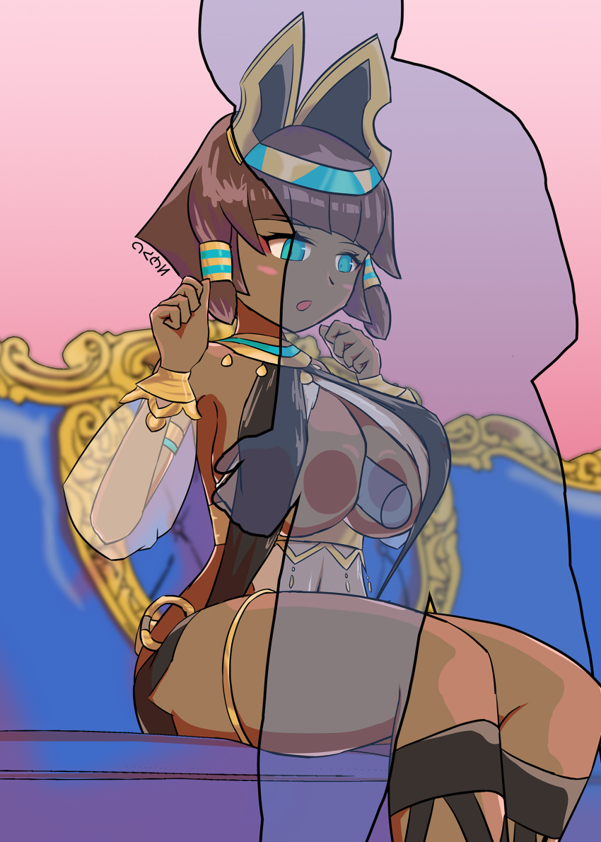 alternate_breast_size anon blunt_bangs bob_cut brown_hair c_o_d_a_(artist) clothed_female_nude_male cygames dark_skin dragalia_lost easy_access egyptian gold_(metal) gold_jewelry green_eyes jewelry nefaria nintendo paizuri see-through_clothing surprised x-ray