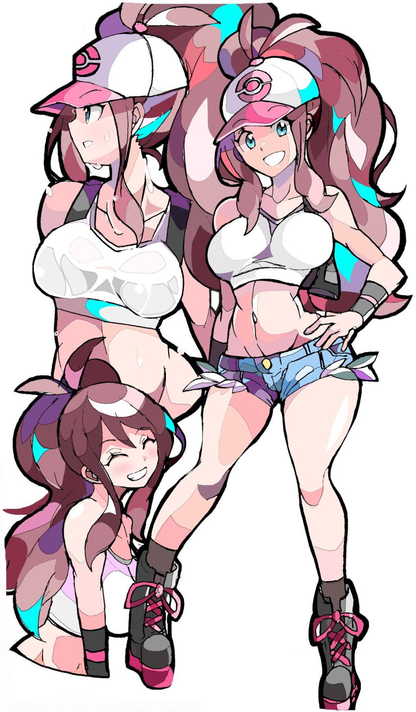 1girls baseball_cap big_breasts blue_eyes breasts brown_eyes brown_hair busty child_bearing_hips closed_eyes curvy denim denim_shorts enpe female female_only grin hand_on_hip hat highres hilda_(pokemon) large_breasts legs looking_at_viewer midriff multiple_views navel nintendo pokemon pokemon_(game) pokemon_bw ponytail shorts smile solo sweat tank_top thighs voluptuous wide_hips