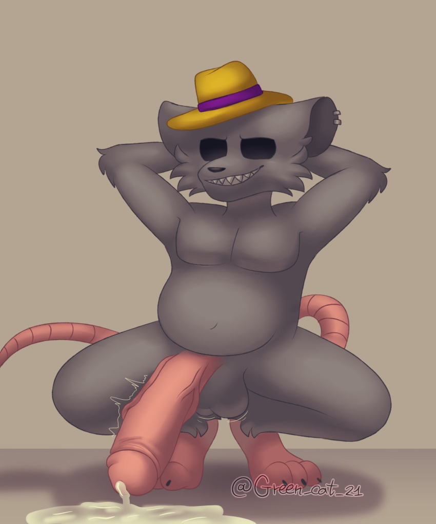 anthro balls belly_overhang big_penis black_eyes bodily_fluids chubby_male claws clothing crouching cum d-rat ear_tag ejaculation fedora feet fur genital_fluids genitals green_cat_21 grey_body grey_fur hands-free hands_behind_head hat headgear headwear hi_res huge_cock leaking_cum male mammal murid murine no_pupils pecs penis pink_feet pink_penis pink_tail rat rodent sharp_teeth slightly_chubby solo solo_focus tail teeth toe_claws toes vein veiny_penis yellow_fedora