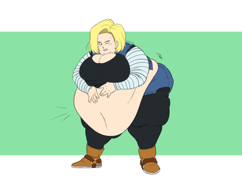 android_18 bbw black_leggings blonde_hair clutching_stomach dragon_ball dragon_ball_z fat fat_ass fat_belly fat_breasts female ffa5 huge_belly huge_breasts pained_expression sequence ssbbw weight_gain