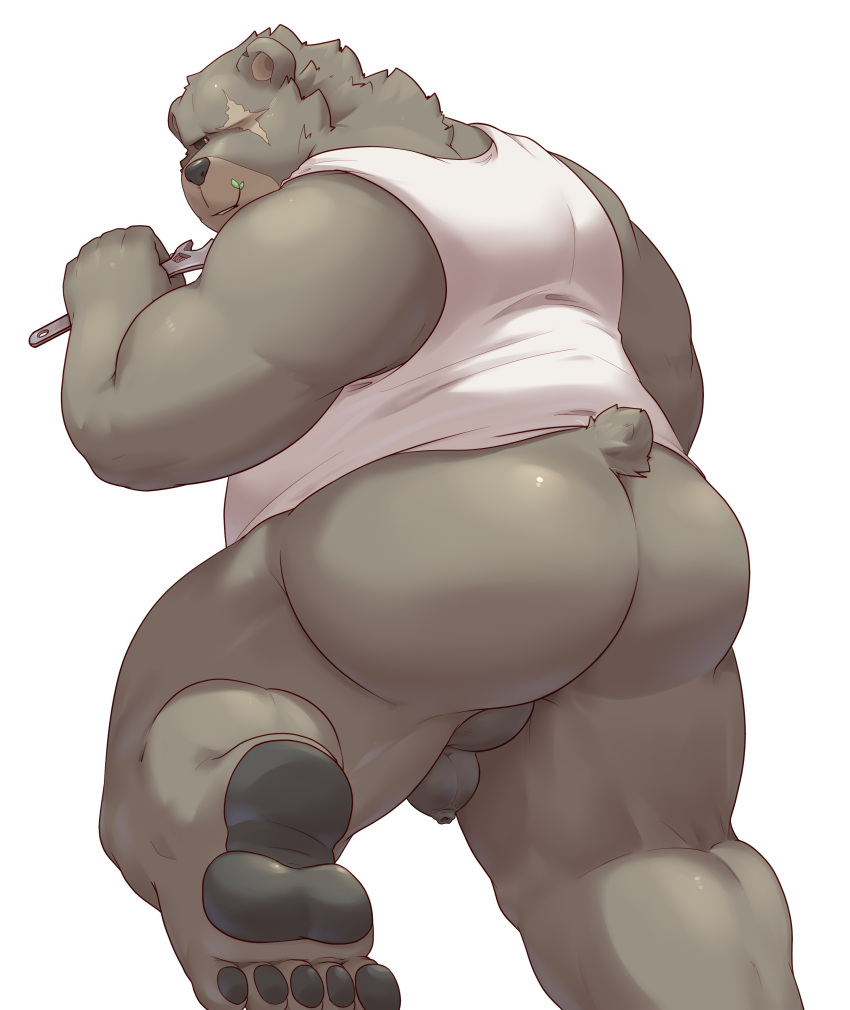 2023 absurd_res anthro ass balls bawp bear ben_(zenless_zone_zero) ben_bigger big_butt black_nose brown_body clothing feet flaccid genitals hi_res humanoid_hands kemono male male_only mammal mihoyo overweight overweight_male penis scar shirt simple_background small_penis solo solo_male topwear white_background zenless_zone_zero