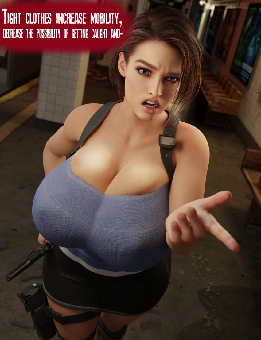 1girls 3d athletic athletic_female big_breasts breasts busty capcom cleavage curvaceous curvy curvy_figure eyebrows eyelashes eyes female female_focus female_only fit fit_female fully_clothed hips hourglass_figure huge_breasts human imminent_wardrobe_malfunction jill_valentine jill_valentine_(sasha_zotova) large_breasts legs light-skinned_female light_skin lips mature_female no_bra no_bra_under_clothes no_underwear resident_evil resident_evil_3 resident_evil_3_remake sekaithereturn solo thick_legs thick_thighs thighs tight_clothes tight_clothing tight_fit tight_shirt tight_top tight_topwear top_heavy upper_body voluptuous waist wide_hips