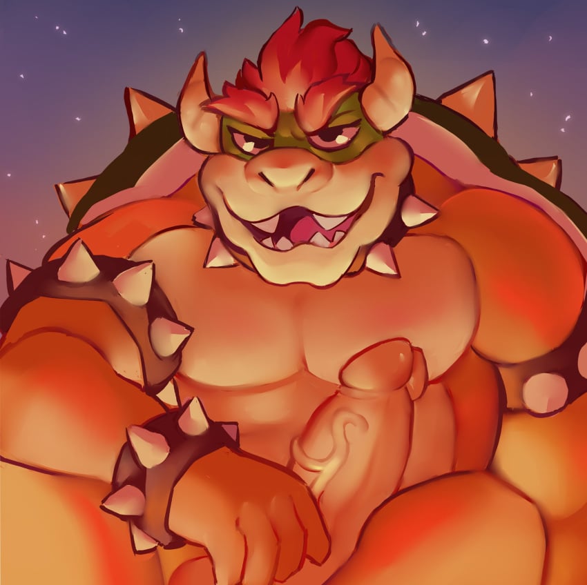 1boy 2023 abs ambient bara biceps bowser campfire digital_drawing_(artwork) digital_media_(artwork) dusk gay genitals gol1ath hi_res koopa male male_only mario_(series) muscle muscles muscular nintendo penis scalie shaded sitting smile solo star veiny_penis