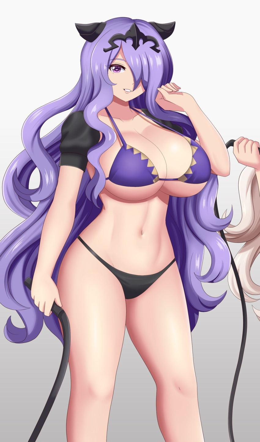 1girls alternate_costume bikini camilla_(fire_emblem) cleavage female female_only fire_emblem fire_emblem_fates fire_emblem_heroes hair_over_one_eye holding_whip large_breasts legs long_hair looking_at_viewer more_at_source navel nintendo official_alternate_costume parted_lips patdarux purple_bikini purple_eyebrows purple_eyes purple_hair purple_swimsuit smile solo_focus swimsuit thighs whip