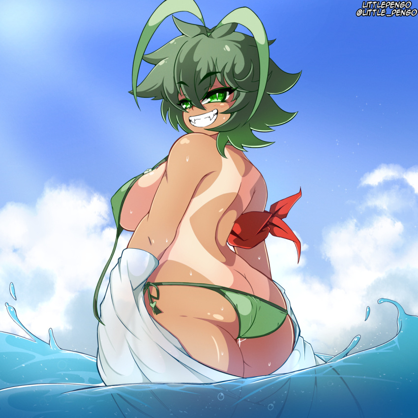 antenna_hair aria_aileron_(littlepengo) ass beach bikini dark_skin dat_ass green_eyes green_hair hankerchief large_breasts littlepengo looking_at_viewer looking_back metalkaiser oc ocean original original_character sharp_teeth smile swimsuit tan tan_skin tanline towel undone_bikini