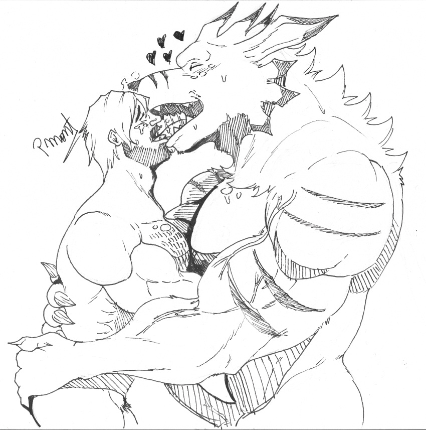 absurd_res anthro ass bandai_namco barazoku beard blush bodily_fluids body_hair canid canine chest_hair clawed_fingers claws digimon digimon_(species) duo embrace erection facial_hair fangs french_kissing gay genitals heart hi_res human human_on_anthro interspecies kissing male male/male male_only mammal multiple_boys muscular muscular_anthro muscular_male neck_tuft nude penis pinumontbalou pubes saliva saliva_string size_difference striped_body stripes superabsurd_res sweat teeth traditional_media_(artwork) tuft vein veiny_muscles veiny_penis were werecanid werecanine werecanis weregarurumon werewolf yaoi