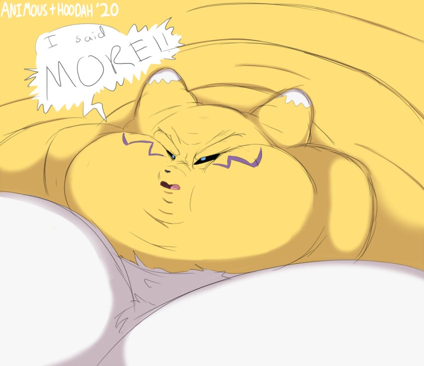 bbw demanding digimon digimon_(species) fat fat_face female fox fox_ears hoodah huge_breasts renamon ssbbw weight_gain yellow_fur