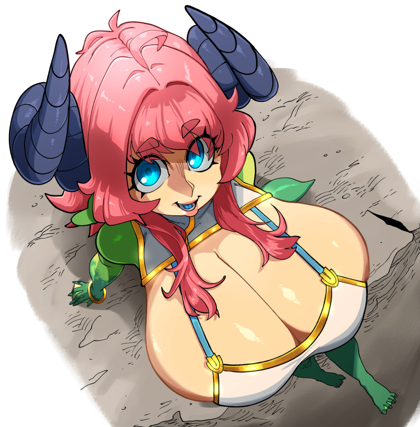 1girls absurd_res big_breasts blue_eyes breasts cleavage curved_horns dragon dragon_horns dragon_humanoid female female_only horns huge_breasts humanoid long_hair looking_at_viewer nina_(eigaka) nuclearwasabi pink_hair smiling smiling_at_viewer solo viewed_from_above