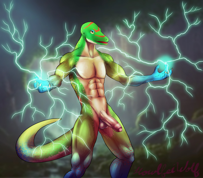 abs absurd_res anthro balls biceps blue_body claws detailed_background digital_media_(artwork) electricity electricity_manipulation electrogenesis elemental_manipulation erection facial_markings fingers foreskin forest gecko genitals gradient_body green_body head_markings hi_res howlfeiwolf humanoid_genitalia humanoid_penis lightning lizard looking_at_viewer magic magic_user male markings multicolored_body muscular muscular_anthro muscular_male nude open_mouth outside pecs penis plant reptile scalie signature solo solo_focus spots teeth tree yellow_body