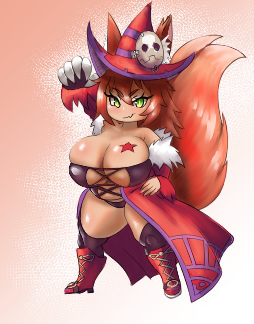 aivrotsiel blush brown_hair claws fox_ears fox_girl fox_tail green_eyes hat huge_breasts luminous_arc mask mask_on_head medium_hair orange_hair renee_(requinn) shortstack smile tattoo thick_thighs vanessa_(luminous_arc) witch witch_hat