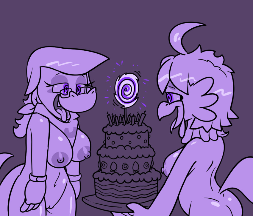 2022 ahoge anthro avian avian_caruncle bandana big_breasts big_nipples bird birthday_cake black_pupils breasts cake clothing comb_(anatomy) cute_fangs dessert duo eyewear female fingerless_gloves food fruit genitals glasses gloves hair handwear happy head_crest holding_cake holding_food holding_object hypnosis kerchief lizard mind_control monochrome mostly_nude nipples nude open_mouth plant puchipi pupils purple_eyes purple_theme pussy raised_hand reptile restricted_palette scalie simple_background smile spiral_eyes standing strawberry tongue tongue_out ulti_(ultilix)